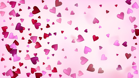 Flying Hearts Vector Confetti. Valentines Day Wedding Pattern. Luxury Gift, Birthday Card, Poster Background Valentines Day Decoration with Falling Down Hearts Confetti. Beautiful Pink Scatterのイラスト素材