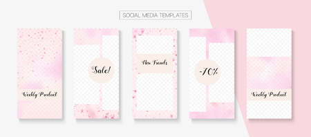 Spa, Natural Cosmetics Stories Sale Vector Layout. Social Media Stories Templates. Special Offer New Arrivals, Discount Frames Kit. Pink Cherry Flowers Flying Confetti. Spa, Natural Cosmetics Saleのイラスト素材