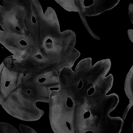 Gray Watercolor Monstera Leaves Seamless Tropical Pattern. Gray Scale Funky Jungle Background. Hipster Retro Vintage Seamless Watercolor Tropical Monstera Leaves. Summer Textile Pattern Design.の写真素材