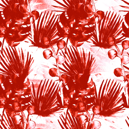 Elegant Purple Pink Retro Exotic Floral Watercolour Seamless Pattern. Elegant Female Fabric Background with Monstera and Fan Leaves. Pink Boho Exotic Floral Watercolour Seamless Pattern Prints.の写真素材