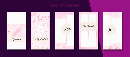 Mothers Day Spring Sale Vector Stories Layout. Pink Sakura Petals Falling Confetti. Limited Offer New Arrivals, Discount Frames Kit. Social Media Stories Templates. Mothers Day Big Spring Saleの写真素材