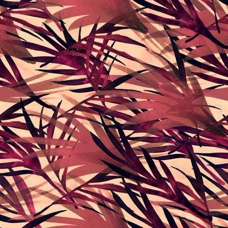 Tropical Seamless Summer Pattern Leaves. Watercolor Bohemian Botanical Background Fluid Jungle Palm Leaves Texture. Trendy Fashion Fabric Textile Design. Retro Floral Tropical Seamless Summer Pattern.の写真素材