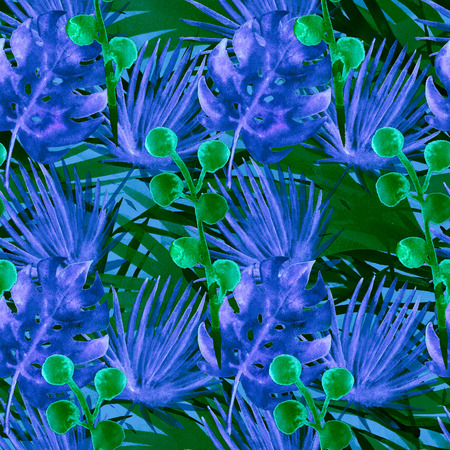 Elegant Turquoise Cool Retro Exotic Floral Watercolour Seamless Pattern. Elegant Female Fabric Background with Monstera and Fan Leaves. Exotic Floral Watercolour Seamless Pattern Tropical Prints.の写真素材