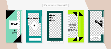 Social Media Stories SMM Template. Hipster App Kit, Green Grey Blue Graphic Geometric Cover Patterns. Graphic Mobile Design Pack.  Border Vector Set. Social Media Stories Simple Setのイラスト素材