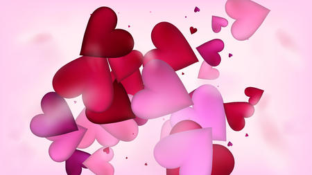 Red, Pink Hearts Vector Confetti. Valentines Day Wedding Pattern. Rich VIP Gift, Birthday Card, Poster Background Valentines Day Decoration with Falling Down Hearts Confetti. Beautiful Pink Sparklesのイラスト素材