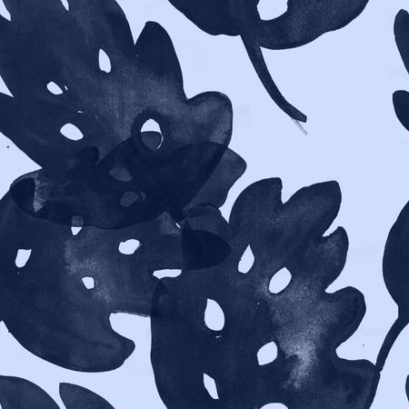 Watercolor Seamless Exotic Pattern with Monstera Leaves. Hand Painted Floral Boho Background. Retro Vintage Fashion Seamless Watercolor Tropical Monstera Leaves. Monochrome Bohemian Summer Fabrics.の写真素材
