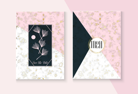 Luxury Marble Wedding Invitation Vector Set. Noble Soft Faded Nice Marbling Texture, Pink, Grey, White Invitation Card. RSVP, Thank You Card, Funky Concept or Poster. Luxury Marble Wedding Kitのイラスト素材