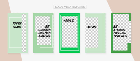 Social Media Stories SMM Template. Graphic Phone Design Pack.  Design Vector Set. Tech App Kit, Green Grey Blue Fashion Geometric Cover Patterns. Social Media Stories VIP Layoutのイラスト素材