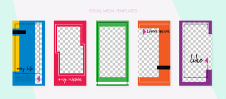Social Media Stories SMM Template. Invitation Advert Design Pack. Minimal App Kit, Green Blue Yellow Red Fashion Geometric Cover Patterns. Covers Vector Set.  Social Media Stories Collectionのイラスト素材
