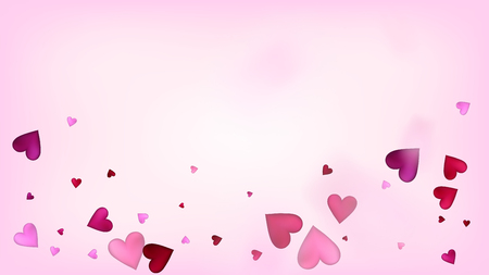 Flying Hearts Vector Confetti. Valentines Day Romantic Pattern. Beautiful Pink Scatter Valentines Day Decoration with Falling Down Hearts Confetti. Trendy Gift, Birthday Card, Poster Backgroundのイラスト素材