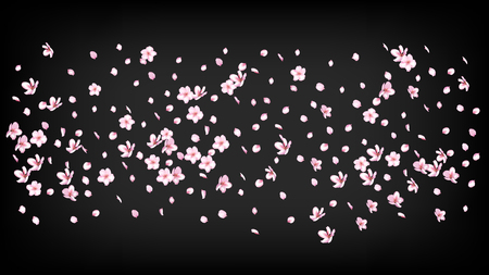 Nice Sakura Blossom Isolated Vector. Feminine Flying 3d Petals Wedding Frame. Japanese Blooming Flowers Illustration. Valentine, Mother's Day Tender Nice Sakura Blossom Isolated on Blackのイラスト素材