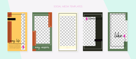 Social Media Stories SMM Template. Hipster App Kit, Green Blue Yellow Red Polygon Geometric Cover Patterns. Invitation Apps Design Pack. Concept Vector Set.  Social Media Stories Collectionのイラスト素材