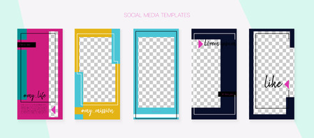 Social Media Stories SMM Template. Blogger Border Vector Set. Graphic Phone Design Pack. Trendy App Kit, Green Blue Yellow Red Fashion Geometric Cover Patterns. Social Media Stories VIP Layoutのイラスト素材