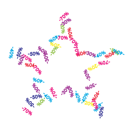 Sale Banner Confetti. Vector Falling Discount Prices -10, -20, -30, -40, -50, -70, -90 Sticker. Holidays Shopping Promotion Ads. Rebate Badge, Price Discount Star Sale Banner, Border or Frame.のイラスト素材