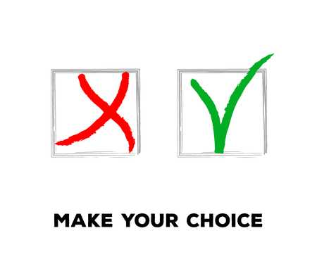 Tick and Cross Vector Collection Square Frames.  Hand Painted Check, Quizz, Voting Symbol Design. Ink Rejection and Acceptance, Query Choice Icons. Yes and No Tick and Cross Symbolic Marks.のイラスト素材