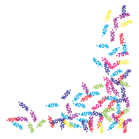 Sale Banner Confetti. Vector Falling Down -10, -20, -30, -40, -50, -70, 90 Banner or Sticker. Holidays Shopping Promotion Ads. Rebate Badge, Price Discount Hipster Sale Banner, Frame or Border.のイラスト素材