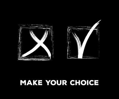 Tick and Cross Vector Collection Square Frames.  Hand Painted Election, Quizz, Voting, Test Symbols. Ink Rejection and Acceptance, Query Choice Icons. Tick and Cross as Yes and No Symbolic Marks.のイラスト素材
