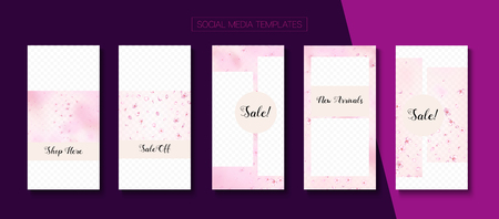 Spa, Natural Cosmetics Stories Sale Vector Layout. Special Offer New Arrivals, Discount Border Set. Social Media Stories Templates. Rose Sakura Flowers Flying Confetti. Spa, Natural Cosmetics Saleの写真素材