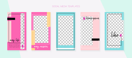 Editable Social Media Stories Template. Blogger Covers Vector Set. Funky App Kit, Pink Blue Yellow Abstract Geometric Cover Patterns. Graphic Apps Design Pack.  Social Media Stories Collectionのイラスト素材