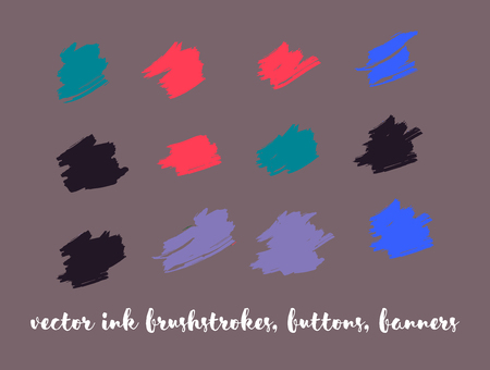 Graphic Hand Drawn Vector Banner Set. Blue, Pink, Purple Splats, Paintbrush Lipstick Smears. Modern Graffiti Ads Background, Artistic Paintbrush Doodles. Rich VIP Fashion Ink Vector Banners Set.のイラスト素材