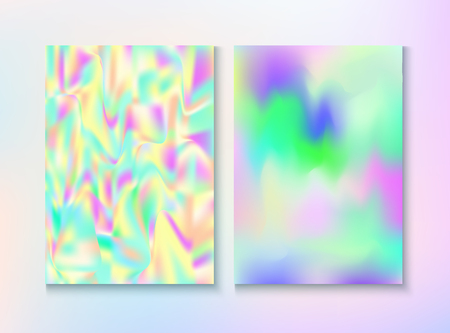 Modern Glitch Rainbow Music Party Vector Poster Set. Trendy Light Pearl Cover, Blank Paper, Teal. Hologram Gradient Overlay. Bright Illustration. Energy Rainbow Party Glitch Background.のイラスト素材