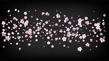 Nice Sakura Blossom Isolated Vector. Spring Blowing 3d Petals Wedding Pattern. Japanese Blooming Flowers Wallpaper. Valentine, Mother's Day Feminine Nice Sakura Blossom Isolated on Blackのイラスト素材