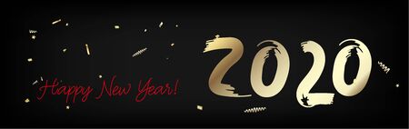 2020 Red, Black, Gold Horizontal Vector Banner. Hand Painted Brush Stroke Winter Celebration Layout....