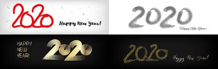 2020 Gold Red Horizontal Vector Banner Set. Hand Painted Brush Stroke Winter Celebration Design. Graffiti Card New Year, Christmas Music Party Ornament. 2020 Trendy Funky New Year Ad Coverのイラスト素材