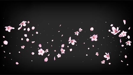 Nice Sakura Blossom Isolated Vector. Spring Flying 3d Petals Wedding Texture. Japanese Bokeh Flowers Illustration. Valentine, Mother's Day Feminine Nice Sakura Blossom Isolated on Blackのイラスト素材