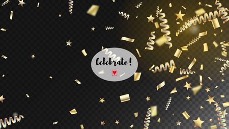 Modern Christmas Tinsel Confetti, Falling New Year Gold. Horizontal Mystical Bokeh Background. Cool Glamour Christmas, New Year, Birthday Party Holiday Border. Gold Christmas Tinsel Confettiのイラスト素材
