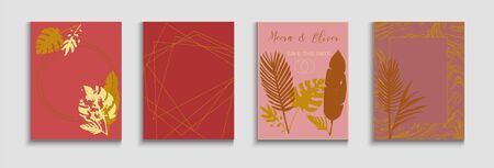 Abstract Vintage Vector Posters Set. Japanese Style Invitation. Geometric Border Pattern. Hand Drawn Asian Background. Soft Banana Leaves Magazine Design. Tie-Dye, Tropical Leaves Cards.のイラスト素材