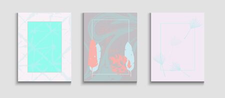 Abstract Trendy Vector Banners Set. Hand Drawn Hipster Background. Geometric Frame Texture. Oriental Style Invitation. Tie-Dye, Tropical Leaves Flyers. Soft Banana Leaves Invitation Layout.のイラスト素材