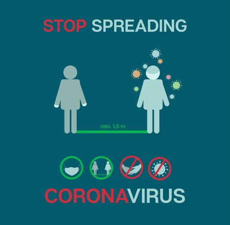 Stop Coronavirus Quarantine Banner. COVID-19 Prevention Infographic. Stop Coronavirus Cartoon nCoV 19 Vector Poster. Survived Virus Protection Flat Cartoon. Corona Virus Social Distance Bannerのイラスト素材
