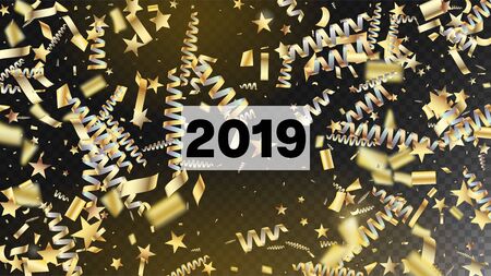 2019 Christmas Tinsel Confetti, Falling New Year Gold. Horizontal Dotted Night Sky Background. Cool Premium Christmas, New Year, Birthday Party Holiday Banner. Gold Christmas Tinsel Confettiのイラスト素材