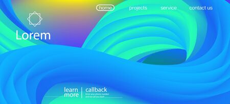 Modern Liquid Flow Banner. Landing Page, Yellow, Blue Background. Futuristic Lucid Gradient Overlay. Neon Color Website Template. 3d Fluid Vibrant Vector Background. Dynamic Movement Funky Wave.のイラスト素材