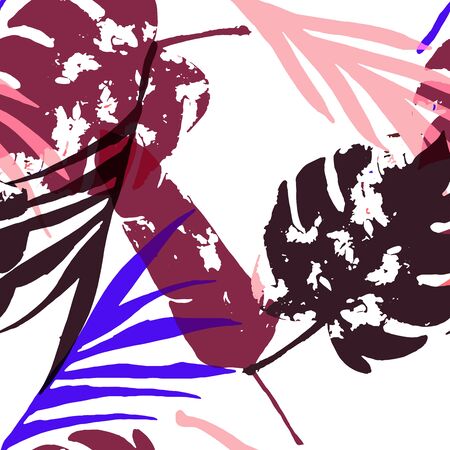Palm, Banana Leaves Vector Seamless Pattern, Blue Pink Purple Indigo Floral Textile. Watercolor Jungle Leaves Autumn Fabric. Female Eclectic Background. Tropical Floral Seamless Fabricのイラスト素材