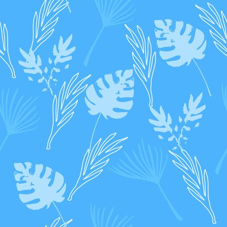 Trendy Tropical Vector Seamless Pattern. Painted Floral Background. Dandelion Monstera Feather Banana Leaves Tropical Seamless Pattern. Cool Summer Fashion. Elegant Male Shirt Female Dress Texture.のイラスト素材