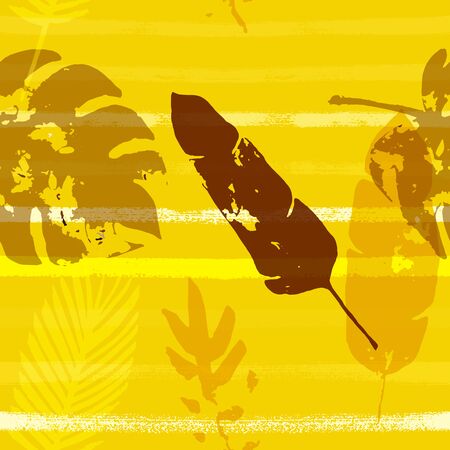 Sailor Stripes Vector Seamless Pattern, Brown Yellow Earth Tone Exotic Fabric. Brushed Jungle Leaves Winter Fabric. Male Hipster Background. Tropical Fabric Seamless Printのイラスト素材