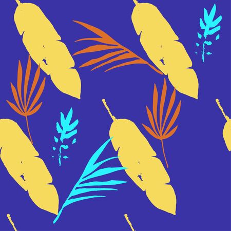 Funky Tropical Vector Seamless Pattern. Drawn Floral Background. Beautiful Male Shirt Female Dress Texture. Monstera Feather Banana Leaves Dandelion Tropical Seamless Pattern. Chic Summer Fashion.のイラスト素材