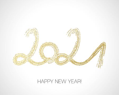 2021 Gold Brush Stroke Banner. Painted 2021 Modern Minimal Logo. Stylish Happy New Year Typography. Winter Holiday Greeting Card. Isolated Brush Shape 2021. Happy New Year Elegant Business Background.のイラスト素材