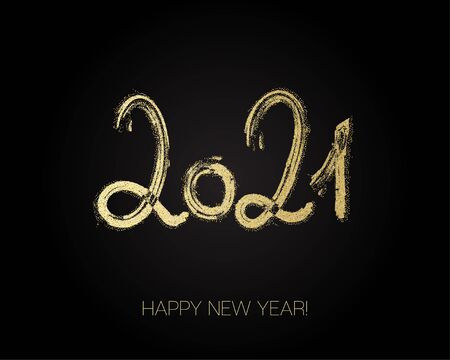 2021 Gold Brushstroke Banner. Painted 2021 Modern Minimal Logo. Happy New Year Elegant Business Background. Stylish Happy New Year Typography. Isolated Brush Shape 2021. Winter Holiday Greeting Card.のイラスト素材