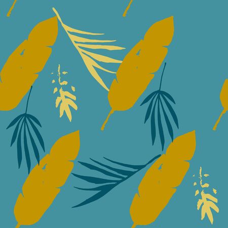 Funky Tropical Vector Seamless Pattern. Feather Banana Leaves Dandelion Monstera Tropical Seamless Pattern. Beautiful Male Shirt Female Dress Texture. Painted Floral Background. Chic Summer Fashion.のイラスト素材