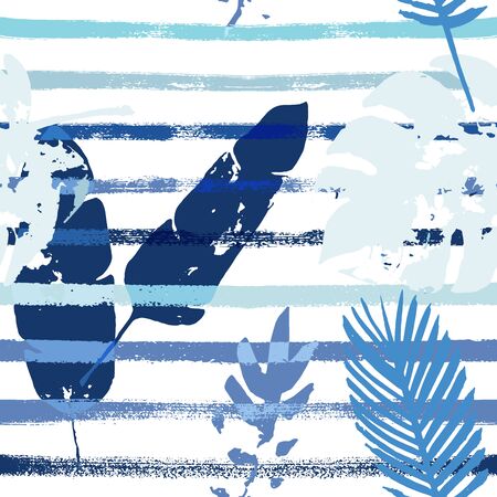 Sailor Stripes Vector Seamless Pattern, Blue Pink Purple Indigo Floral Textile. Bohemian Jungle Leaves Autumn Fabric. Childrens Retro Background. Exotic Floral Seamless Textileのイラスト素材