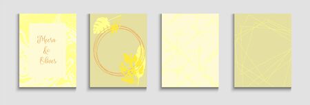 Abstract Asian Vector Flyers Set. Soft, Elegant Magazine Layout. Geometric Border Pattern. Tie-Dye, Tropical Leaves Posters Hand Drawn Minimal Background. Painted Lines Forms in Oriental Style.のイラスト素材