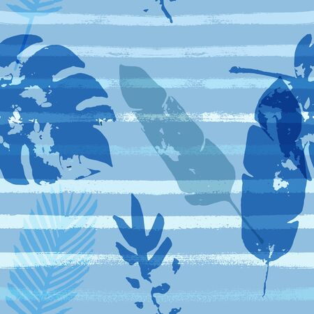 Sailor Stripes Vector Seamless Pattern, Blue Pink Purple Indigo Floral Textile. Watercolor Jungle Leaves Summer Fabric. Male Hipster Background. Tropical Fabric Seamless Printのイラスト素材