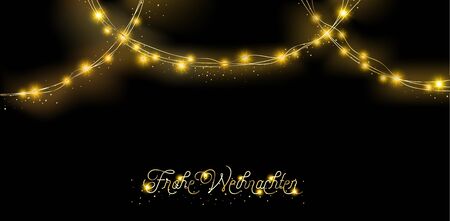 Lights Garland Premium Background. Winter Holidays Sparkling Garland. German Merry Christmas Lettering. Lights Garland, Glitter Texture. Glamour New Year, Christmas Party Banner. Gold, Silverのイラスト素材