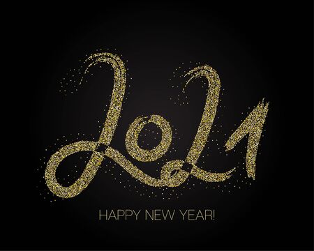 2021 Gold Brushstroke Banner. Stylish Happy New Year Typography. Painted 2021 Modern Minimal Logo. Winter Holiday Greeting Card. Happy New Year Elegant Business Background. Isolated Brush Shape 2021.のイラスト素材