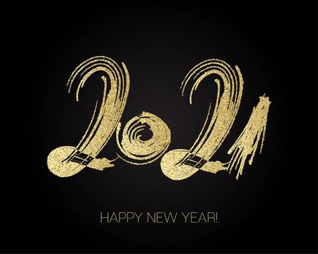 2021 Gold Brushstroke Banner. Happy New Year Elegant Business Background. Painted 2021 Modern Minimal. Isolated Brush Shape 2021. Stylish Happy New Year Typography. Winter Holiday Greeting Card.のイラスト素材