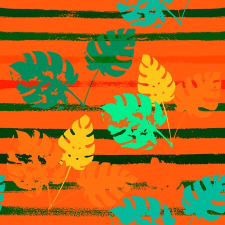 Sailor Stripes Vector Seamless Pattern, Orange Green Vivid Exotic Floral Fabric Design.  Watercolor Jungle Leaves Winter Fabric. Childrens Hipster Background. Exotic Floral Seamless Printのイラスト素材