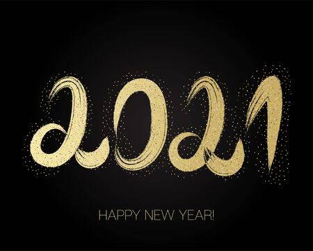2021 Gold Brushstroke Banner. Painted 2021 Modern Minimal. Winter Holiday Greeting Card. Happy New Year Elegant Business Background. Isolated Brush Shape 2021. Stylish Happy New Year Typography.のイラスト素材